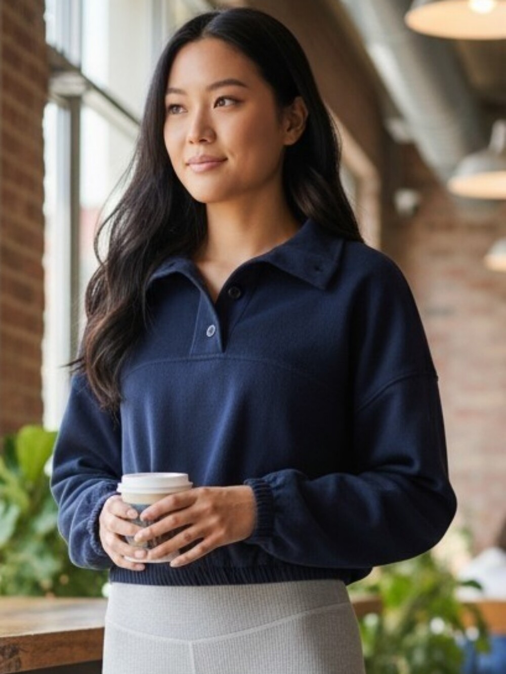 OLD NAVY Button Up Funnel Neck Cropped Pullover Sweatshirt- Navy